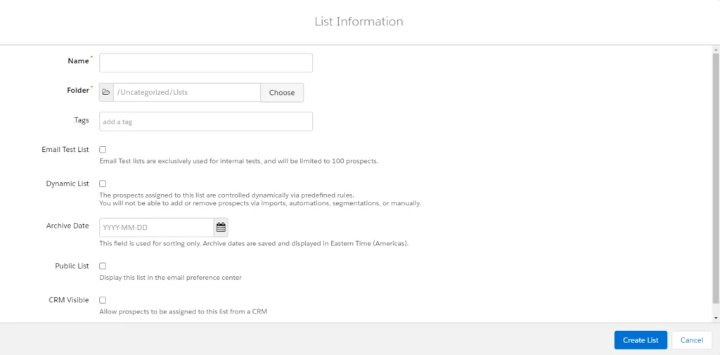 Pardot Add List Screen