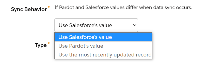 Pardot fields sync behavior options