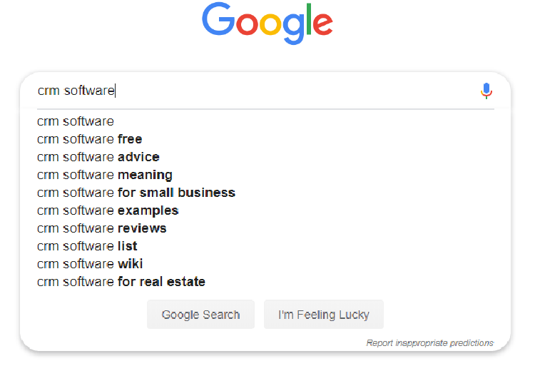 Google search suggestions for the keyword "crm software"