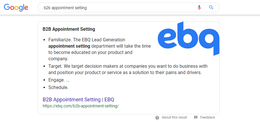 ebq appointment setting search snippet