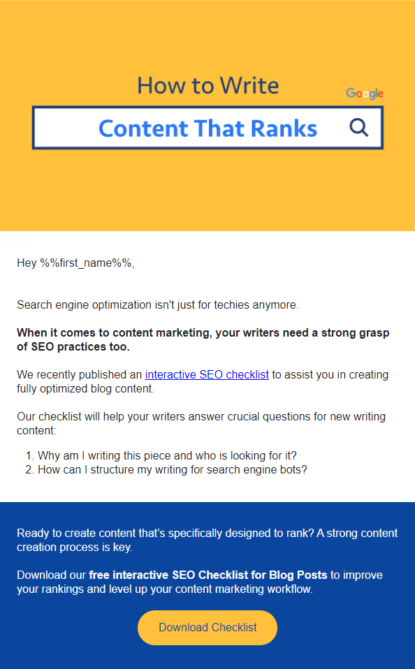 content marketing email promotion example