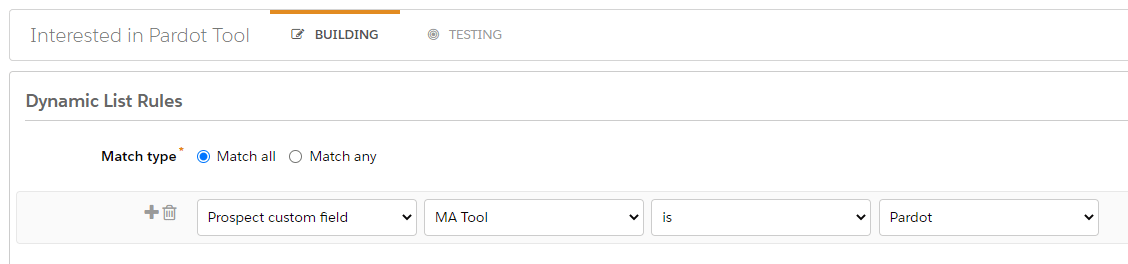 Pardot dynamic list rule for custom field example