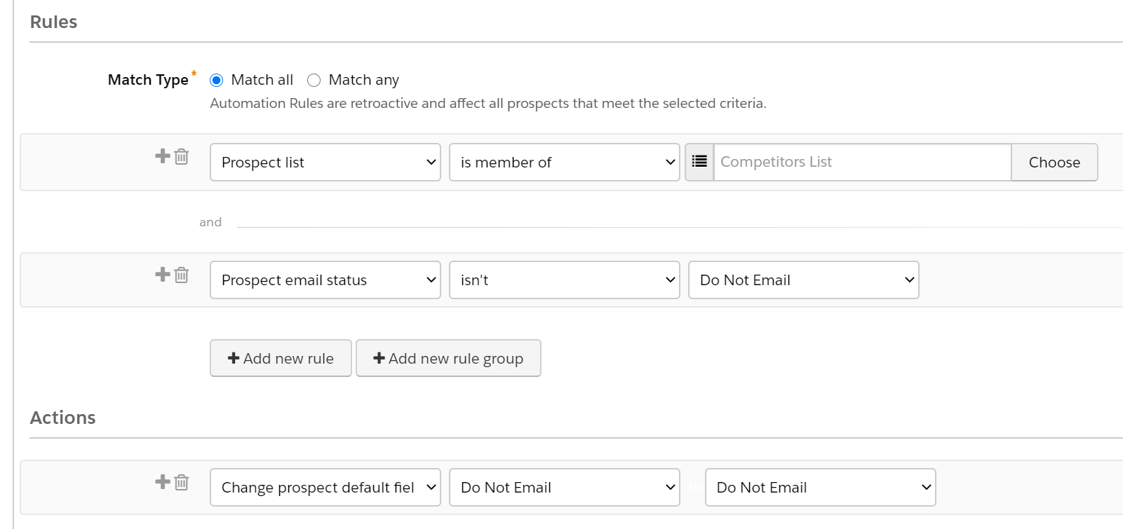 Example "Do Not Email" automation rule in Pardot