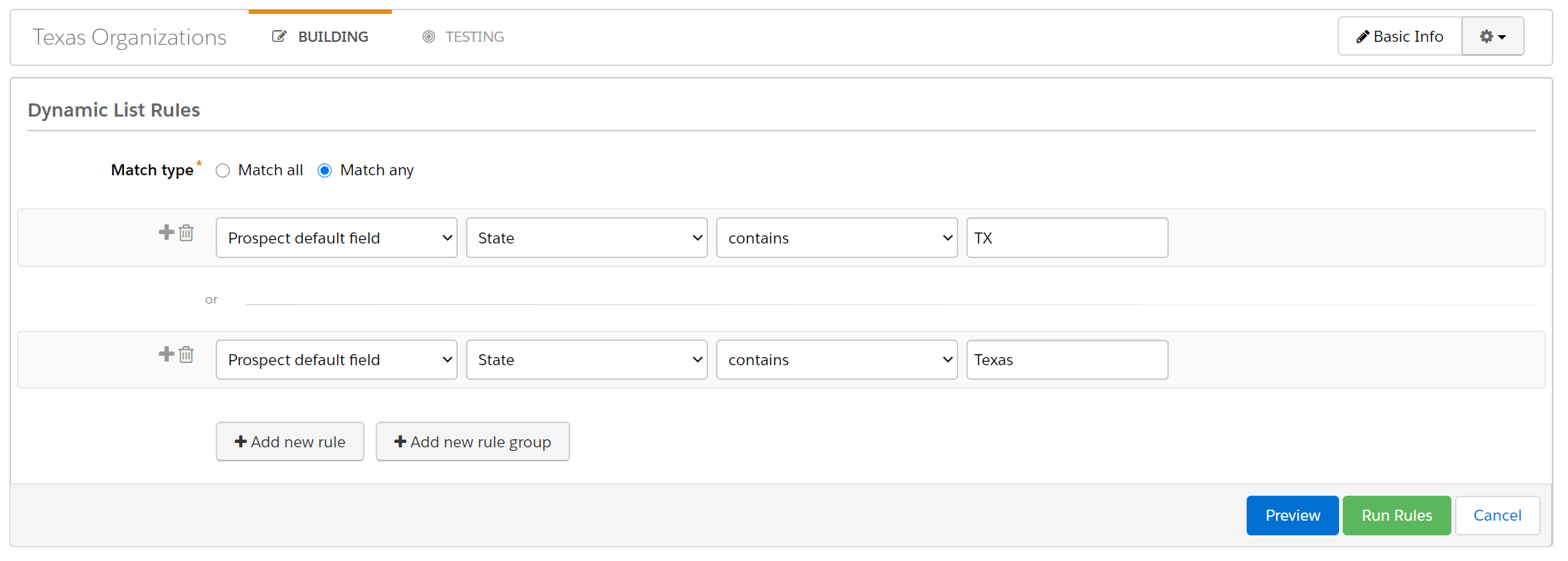 Example of segmentation by location in Pardot