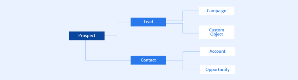 A chart breaking down the relationship between prospects, leads, and contacts.