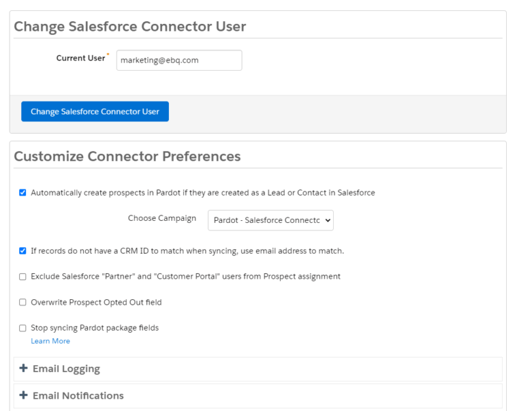 pardot salesforce connector settings