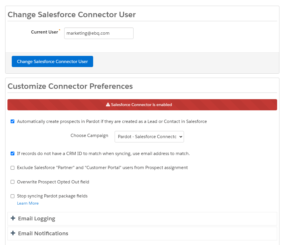 Pardot Salesforce connector settings