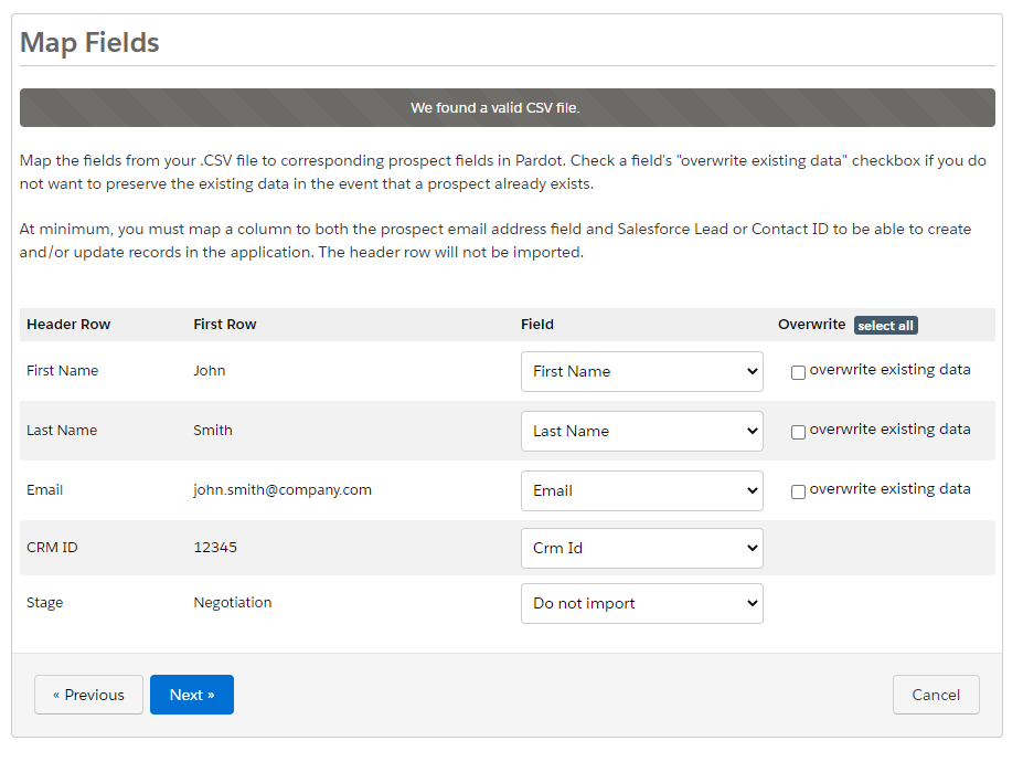Pardot CSV prospect important map fields