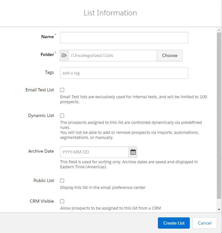 Pardot "Create List" Options Screen