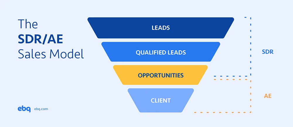 In the SDR/AE Sales Model, the SDR works with leads, qualified leads, and opportunities while the AE works with opportunities and clients.