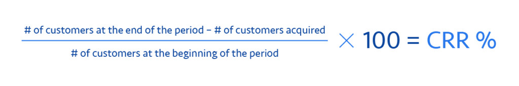 ((# of customers at the end of the period minus # of customers acquired) divided by # of customers at the beginning of the period) multiplied by 100 = Customer Retention Rate