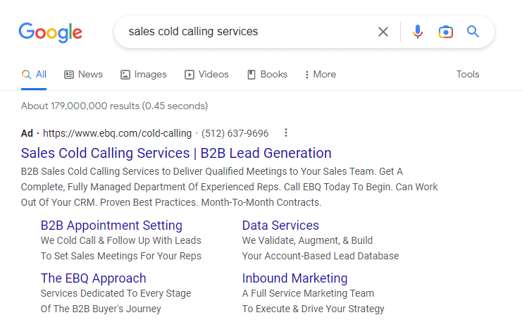 Screenshot of Google search displaying paid ad results targeting specific keywords (sales cold calling services)