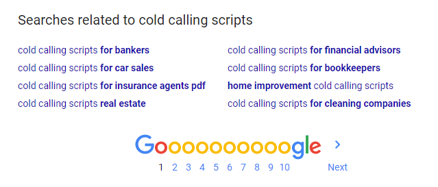 SERP with related searches for "cold calling scripts"