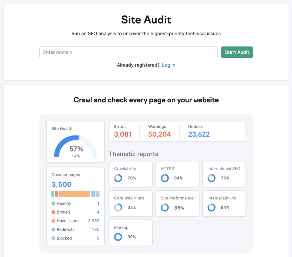 The welcome screen for the SEMRush Site Audit