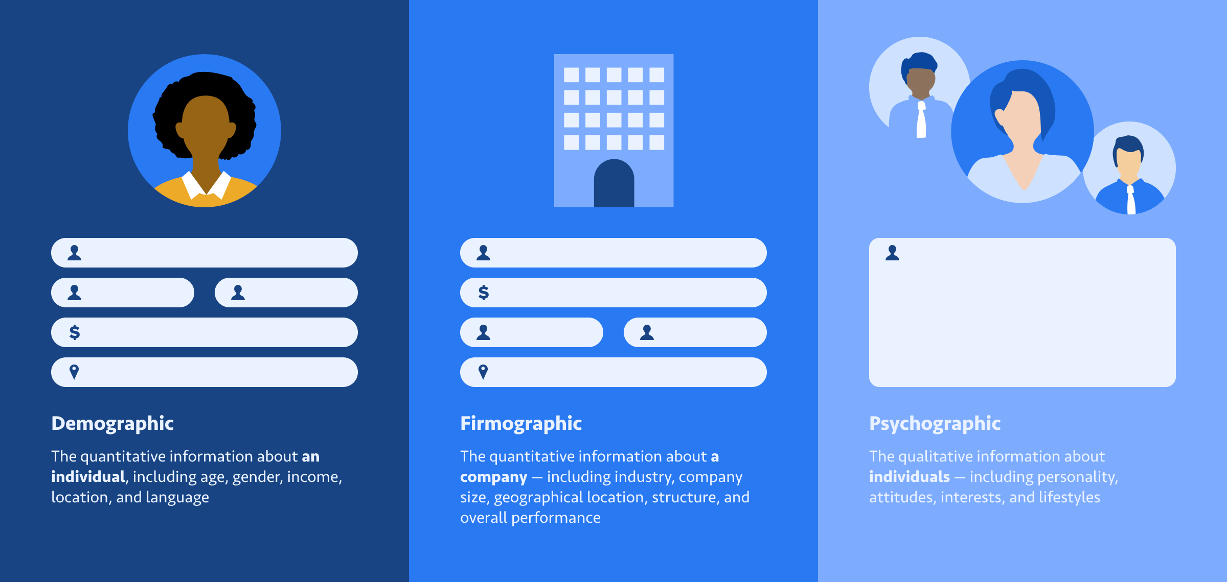 Demographic Information is quantitative information about an individual, including age, gender, income, location, and language. Firmographic Information is quantitative information about a company including industry, size, location, structure, and performance. Psychographic Information is qualitative information about individuals including personality, values, attitudes, interests, and lifestyle.
