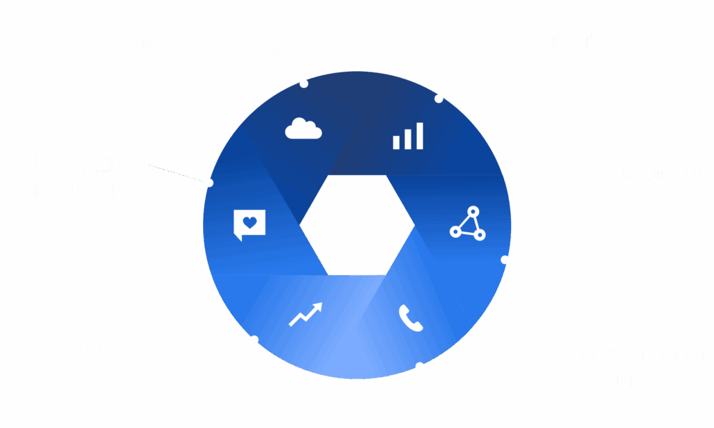A graphic of the revenue cycle illustrating the six core services: CRM, Data, Marketing, Appointment Setting, Sales, and Customer Experience